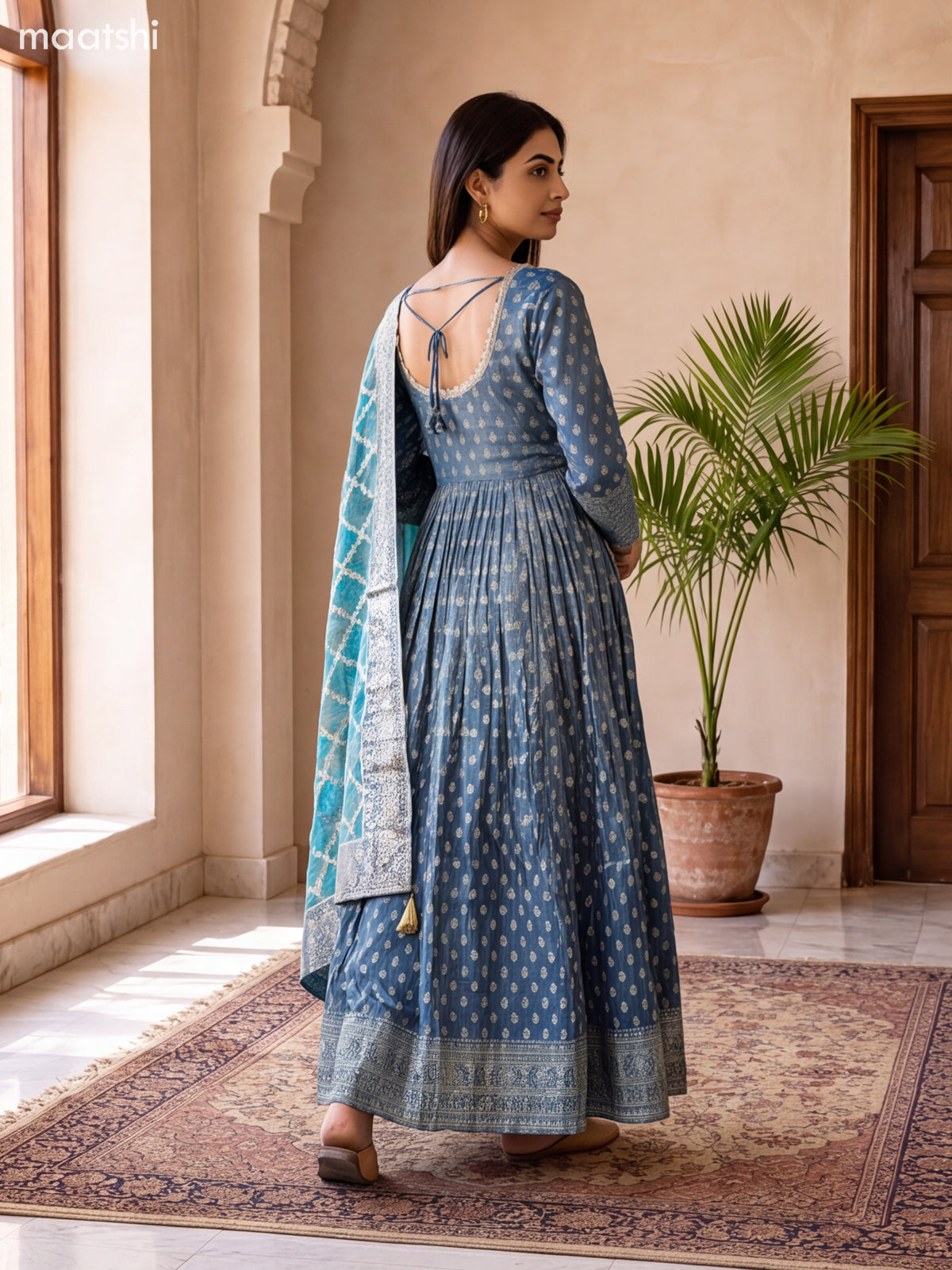 Peacock Blue Tissue Embroidery Work Anarkali Gown Kurti Set