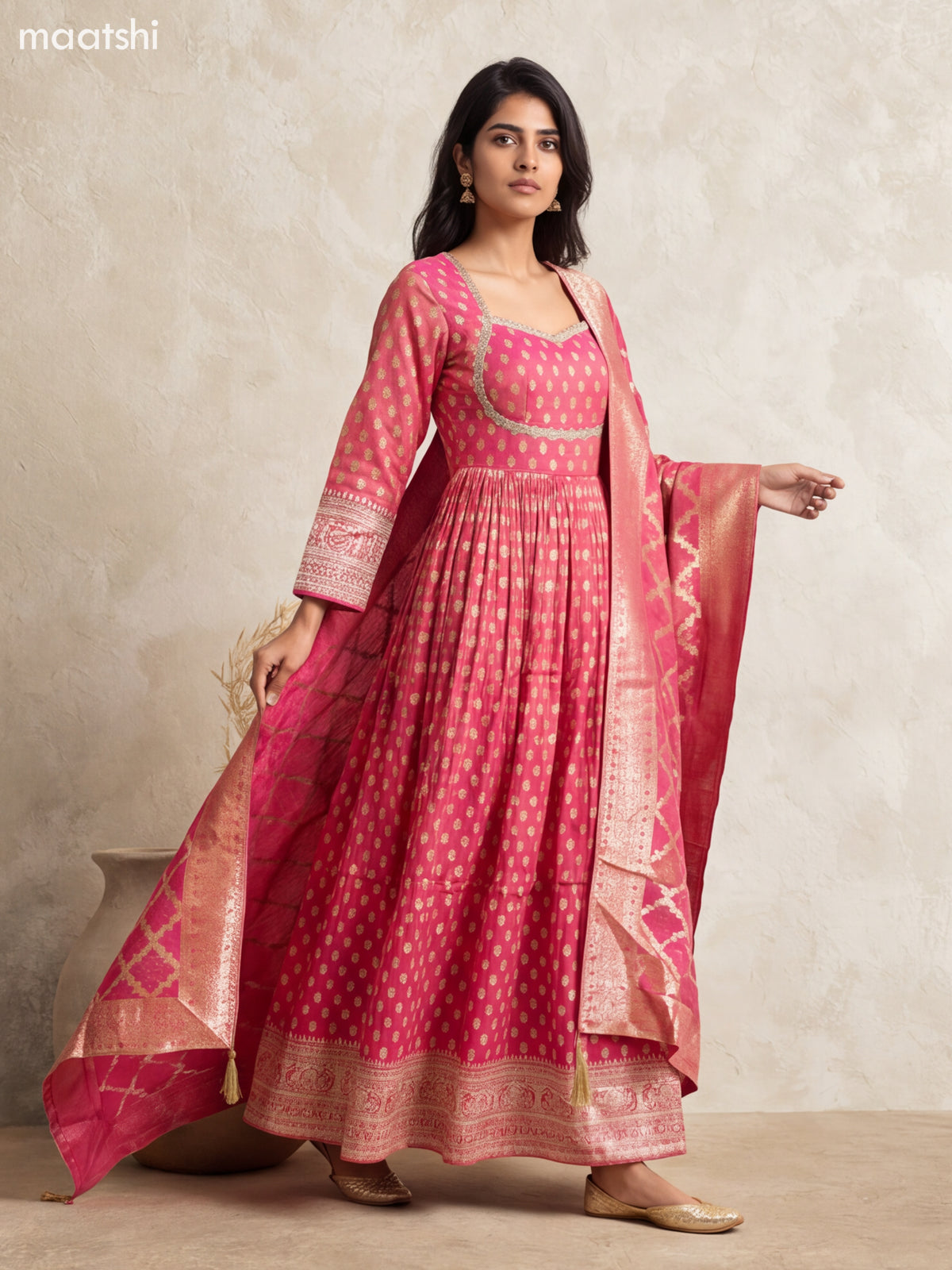 Rani Pink Tissue Embroidery Work Anarkali Gown Kurti Set