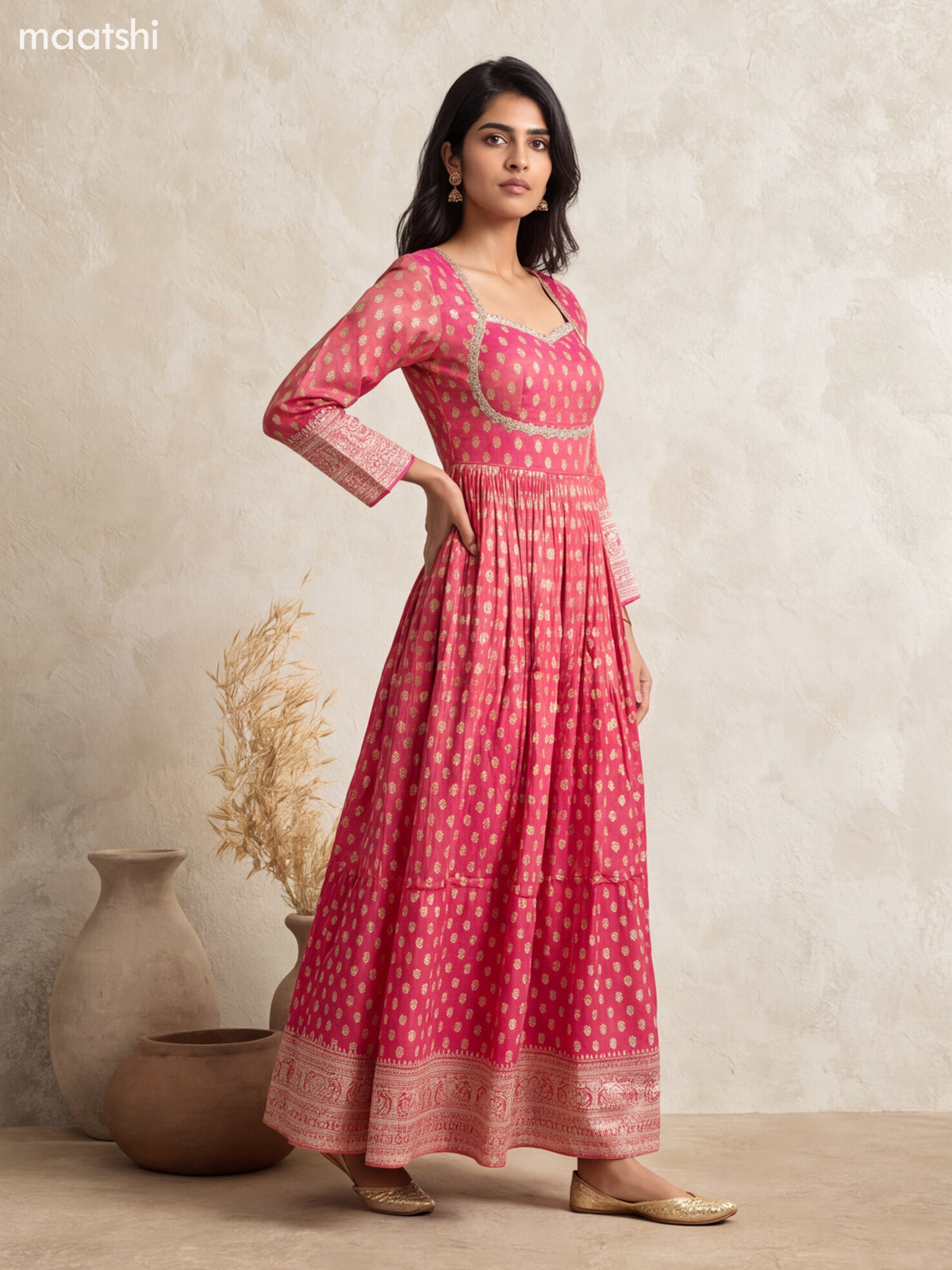 Rani Pink Tissue Embroidery Work Anarkali Gown Kurti Set