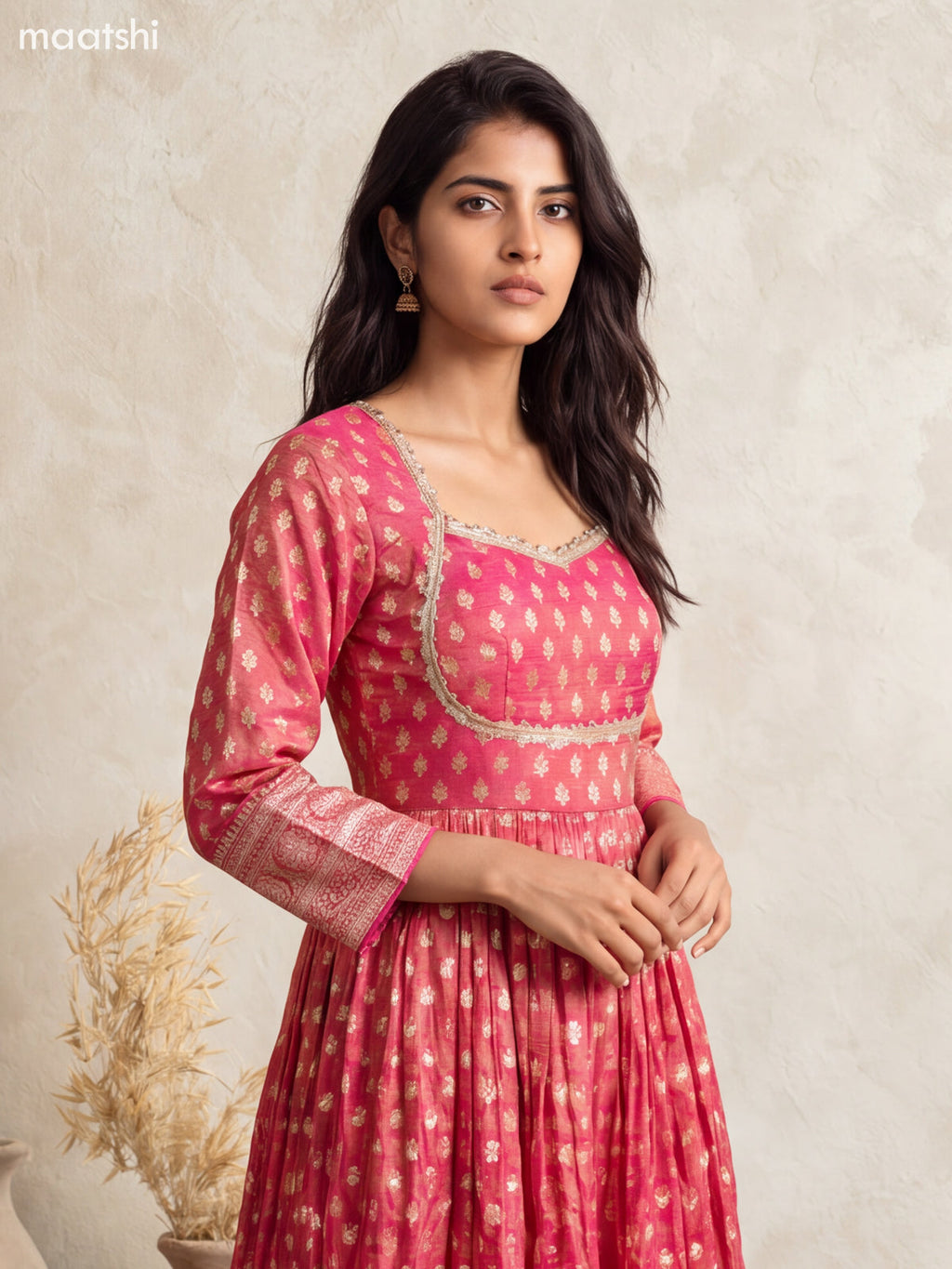 Rani Pink Tissue Embroidery Work Anarkali Gown Kurti Set