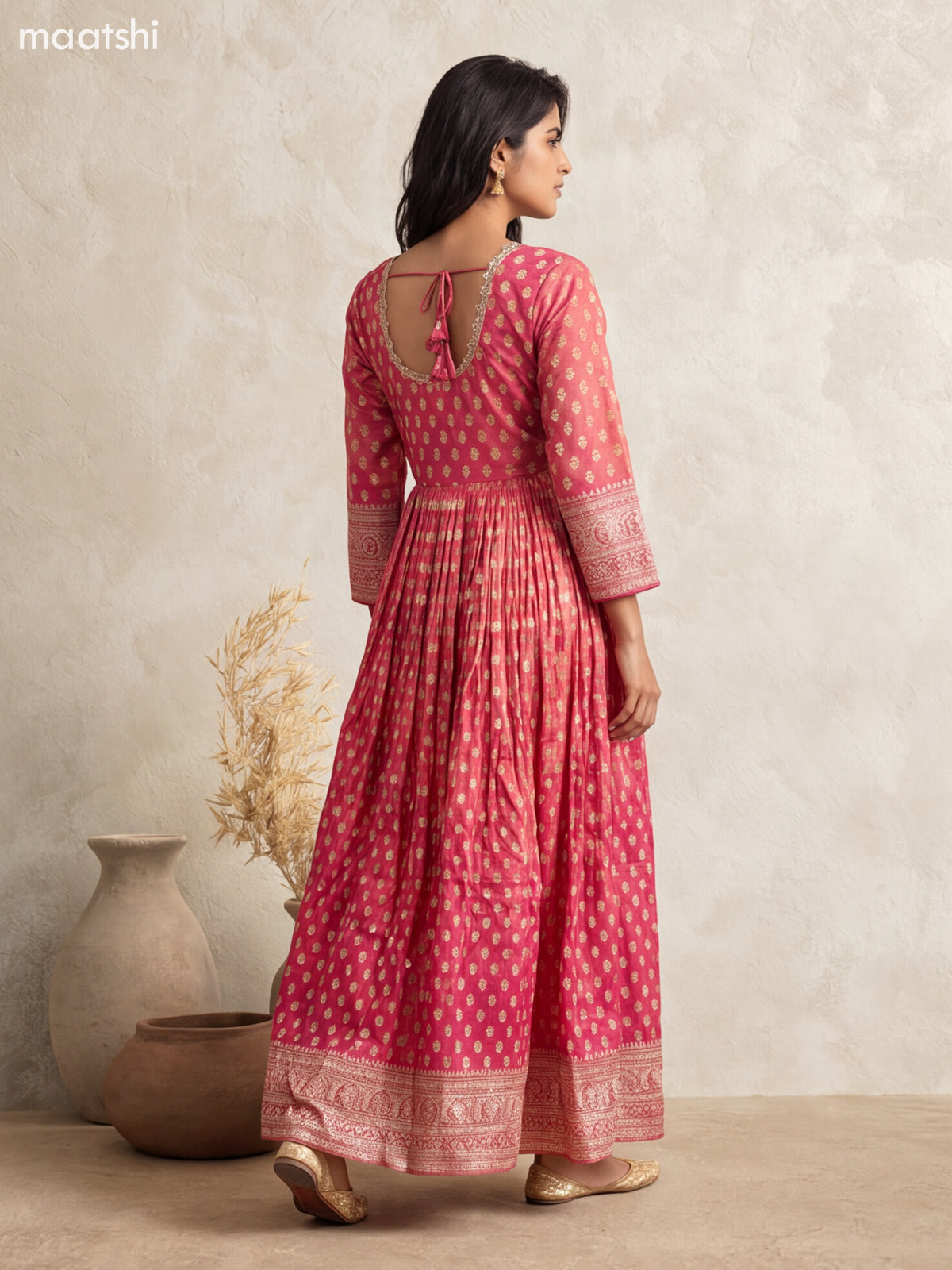 Rani Pink Tissue Embroidery Work Anarkali Gown Kurti Set