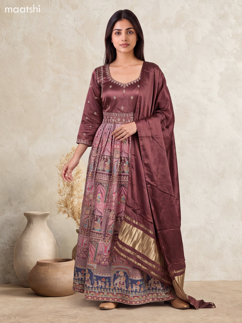 Chocalate Brown Art Silk Embroidery Work Anarkali Gown Kurti Set