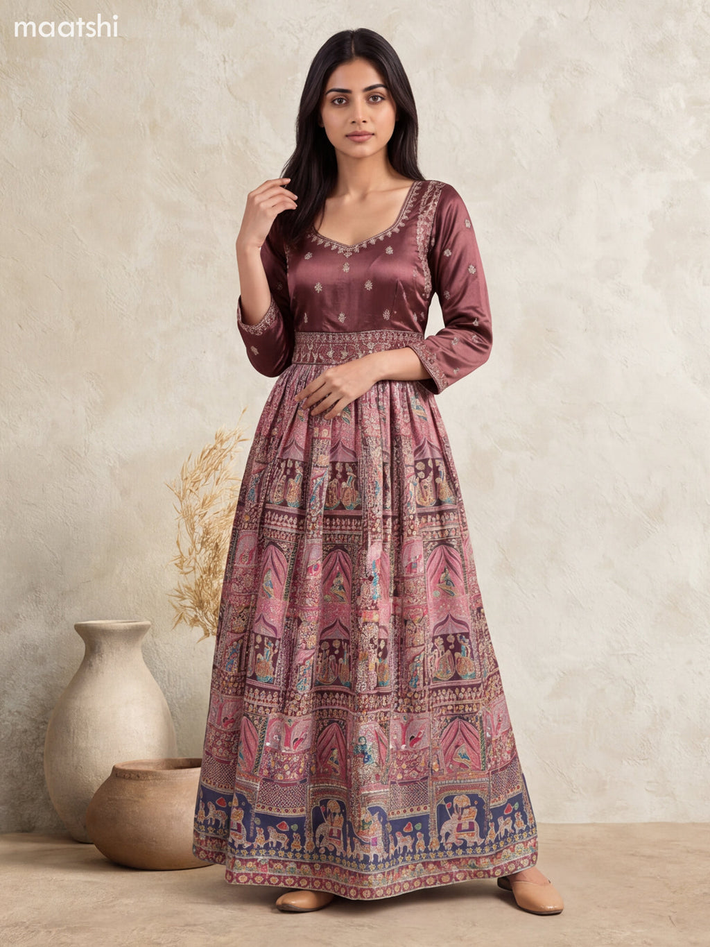 Chocalate Brown Art Silk Embroidery Work Anarkali Gown Kurti Set