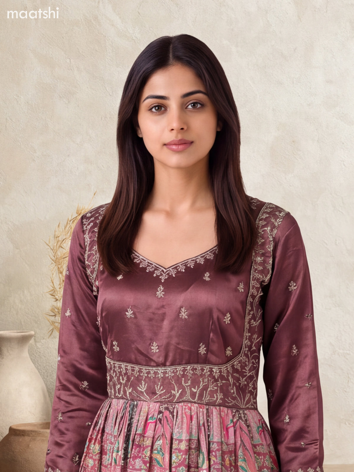 Chocalate Brown Art Silk Embroidery Work Anarkali Gown Kurti Set