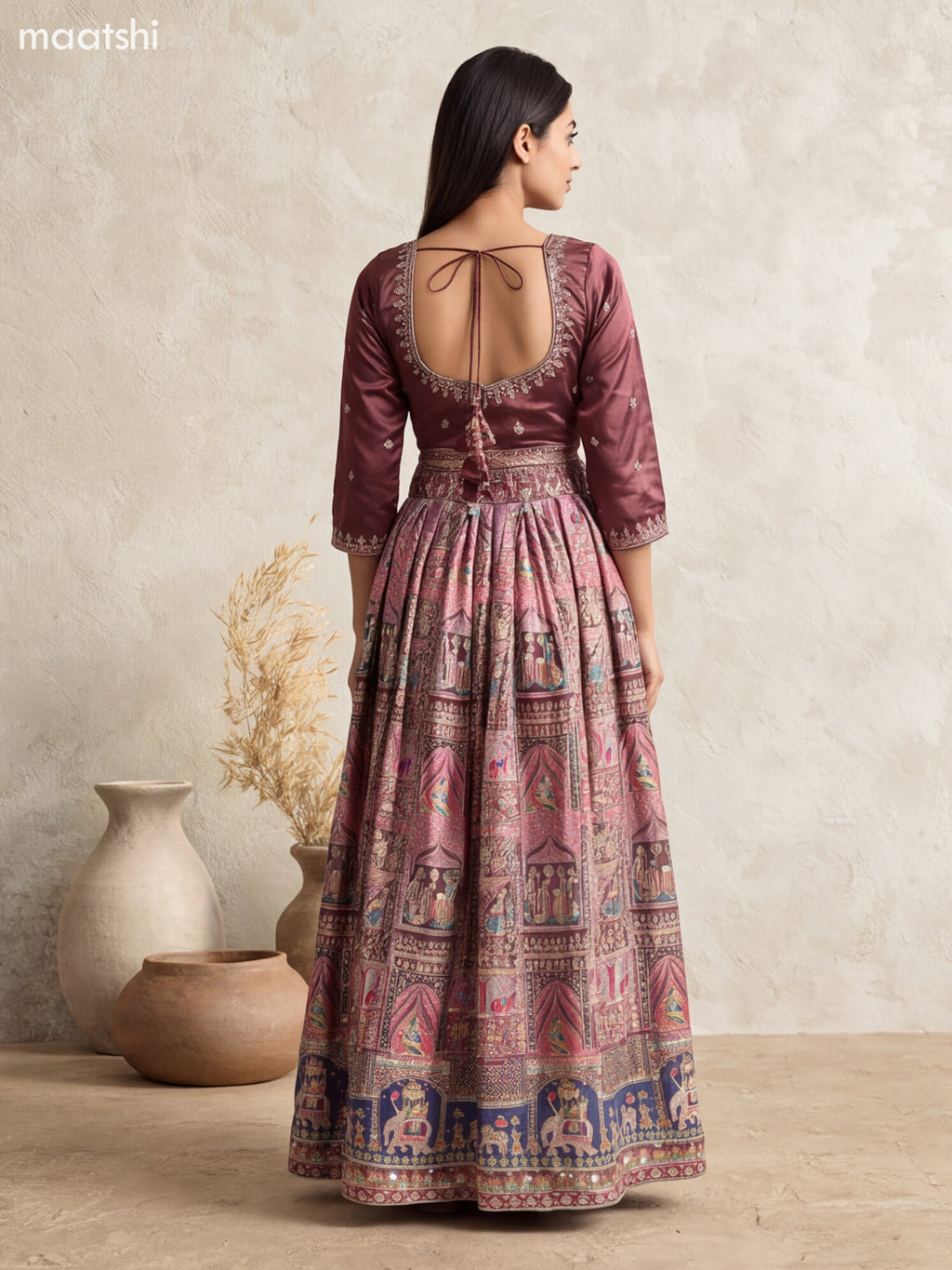 Chocalate Brown Art Silk Embroidery Work Anarkali Gown Kurti Set