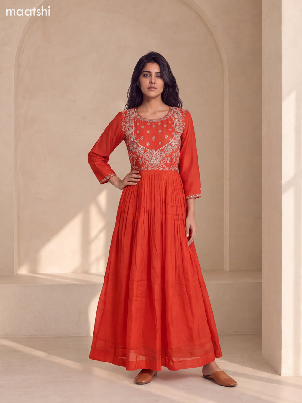 Orange Art Silk Embroidery Work Anarkali Gown Kurti Set