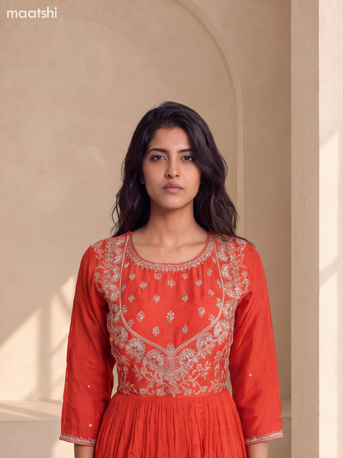 Orange Art Silk Embroidery Work Anarkali Gown Kurti Set
