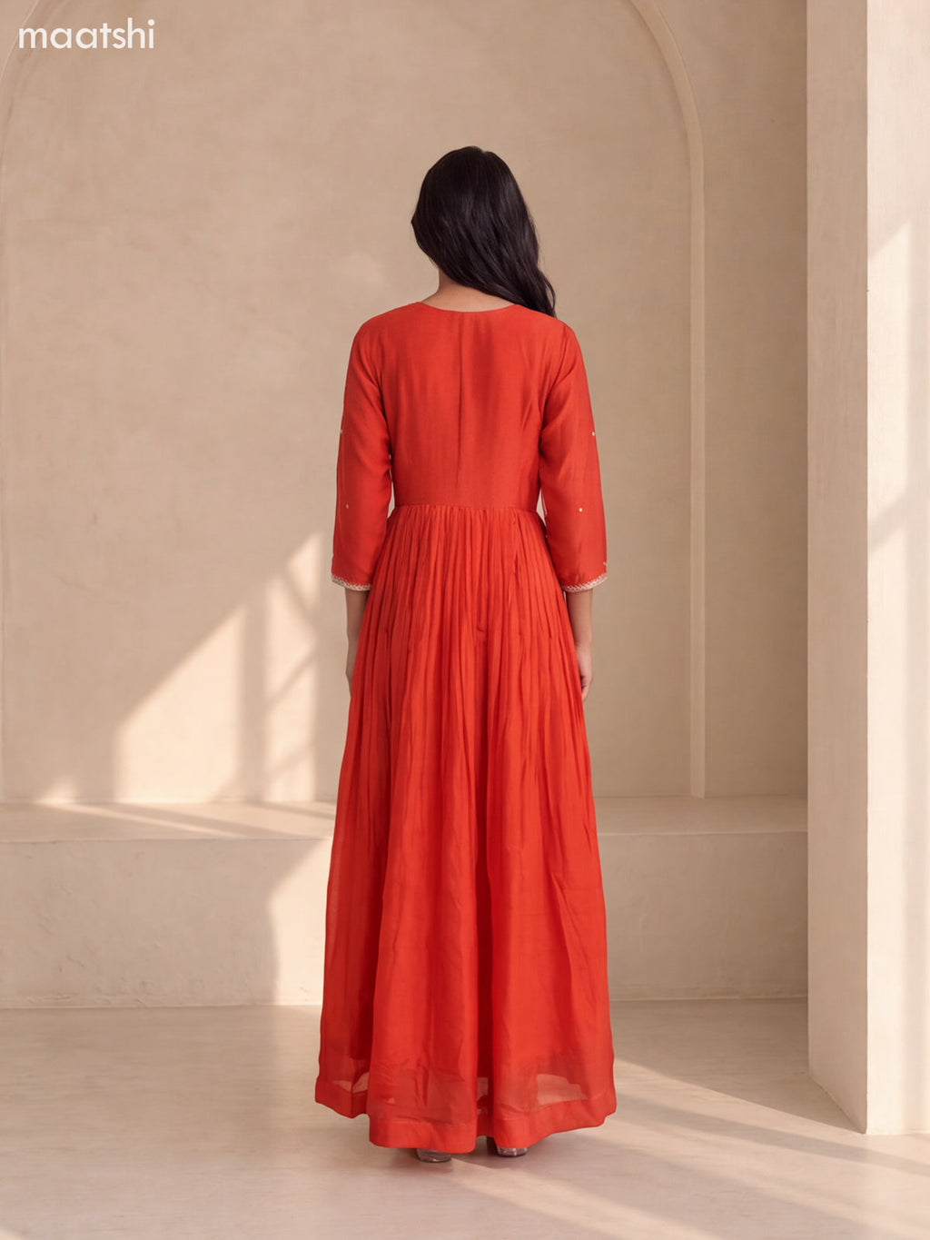 Orange Art Silk Embroidery Work Anarkali Gown Kurti Set