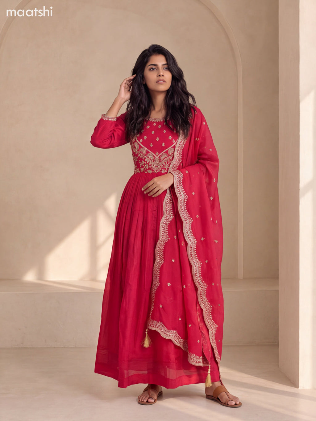 Rani Pink Art Silk Embroidery Work Anarkali Gown Kurti Set