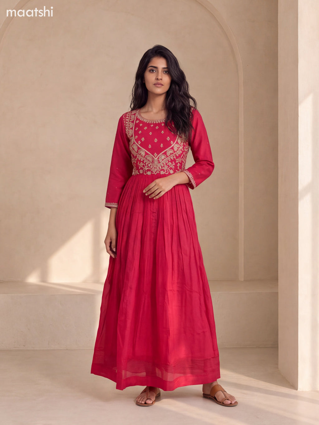 Rani Pink Art Silk Embroidery Work Anarkali Gown Kurti Set