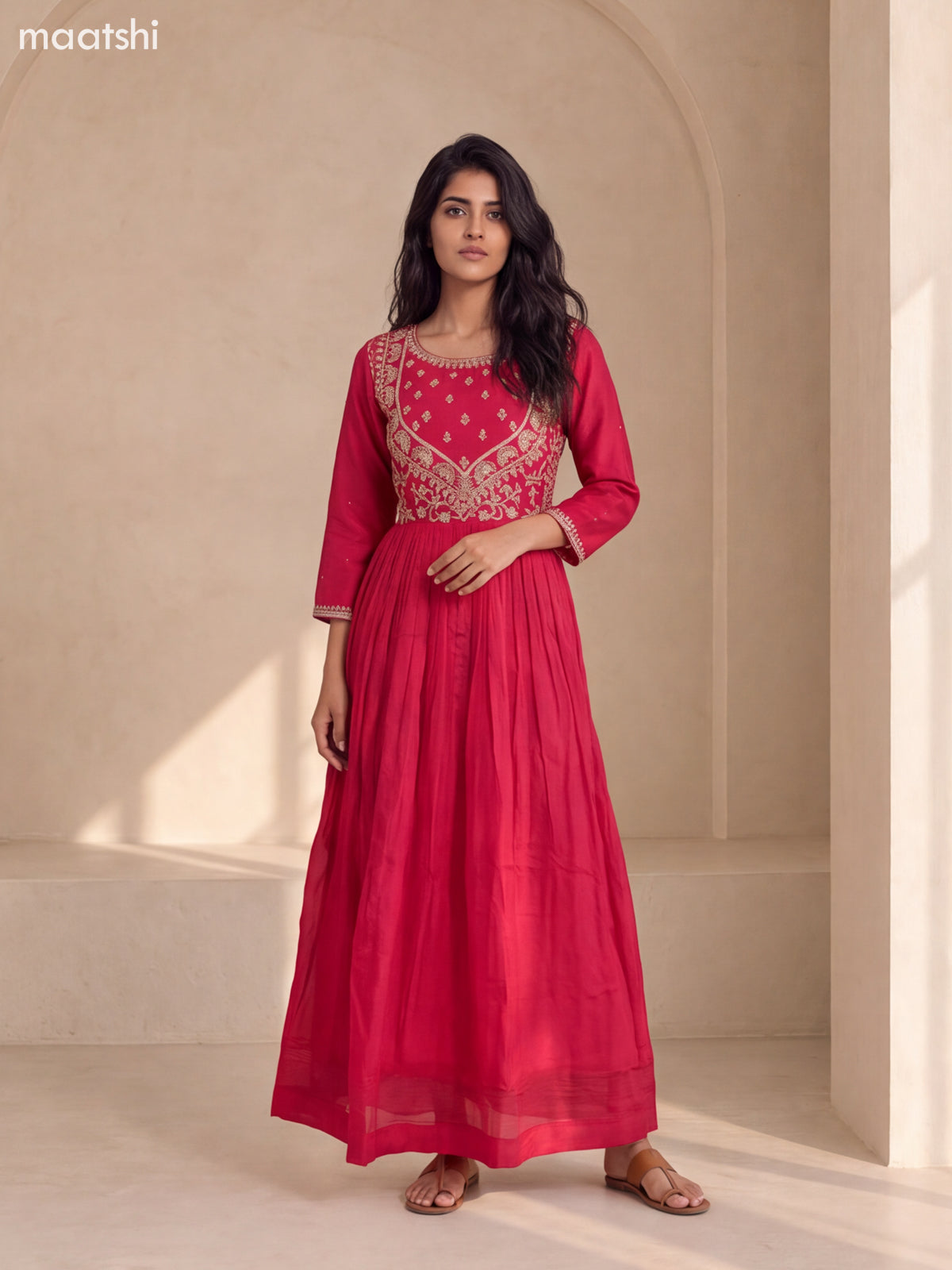 Rani Pink Art Silk Embroidery Work Anarkali Gown Kurti Set