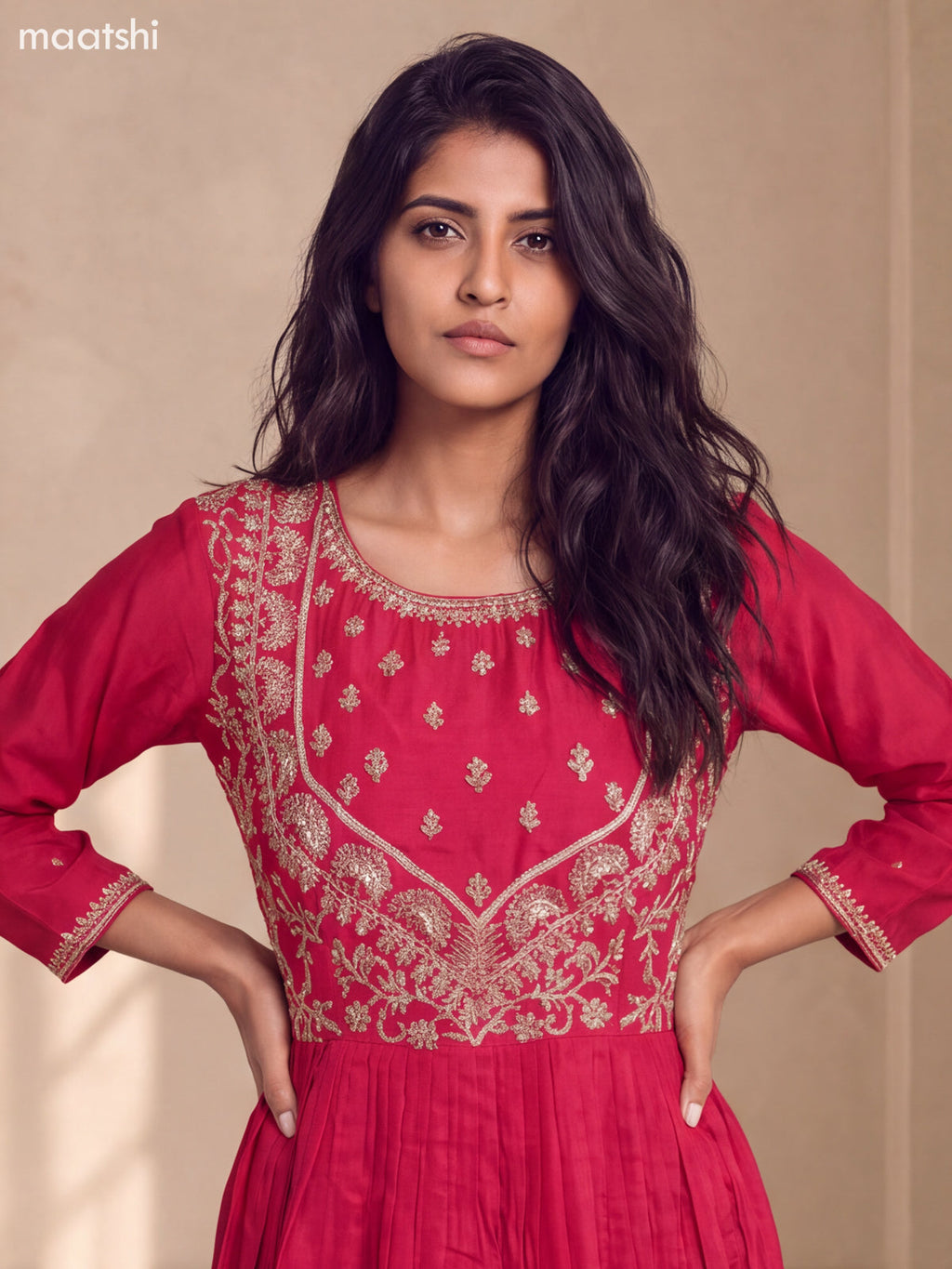 Rani Pink Art Silk Embroidery Work Anarkali Gown Kurti Set