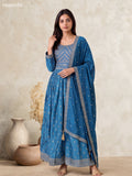 Peacock Blue Art Silk Embroidery Work Anarkali Gown Kurti Set