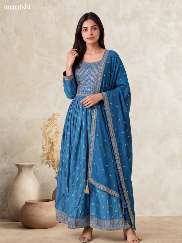Peacock Blue Art Silk Embroidery Work Anarkali Gown Kurti Set