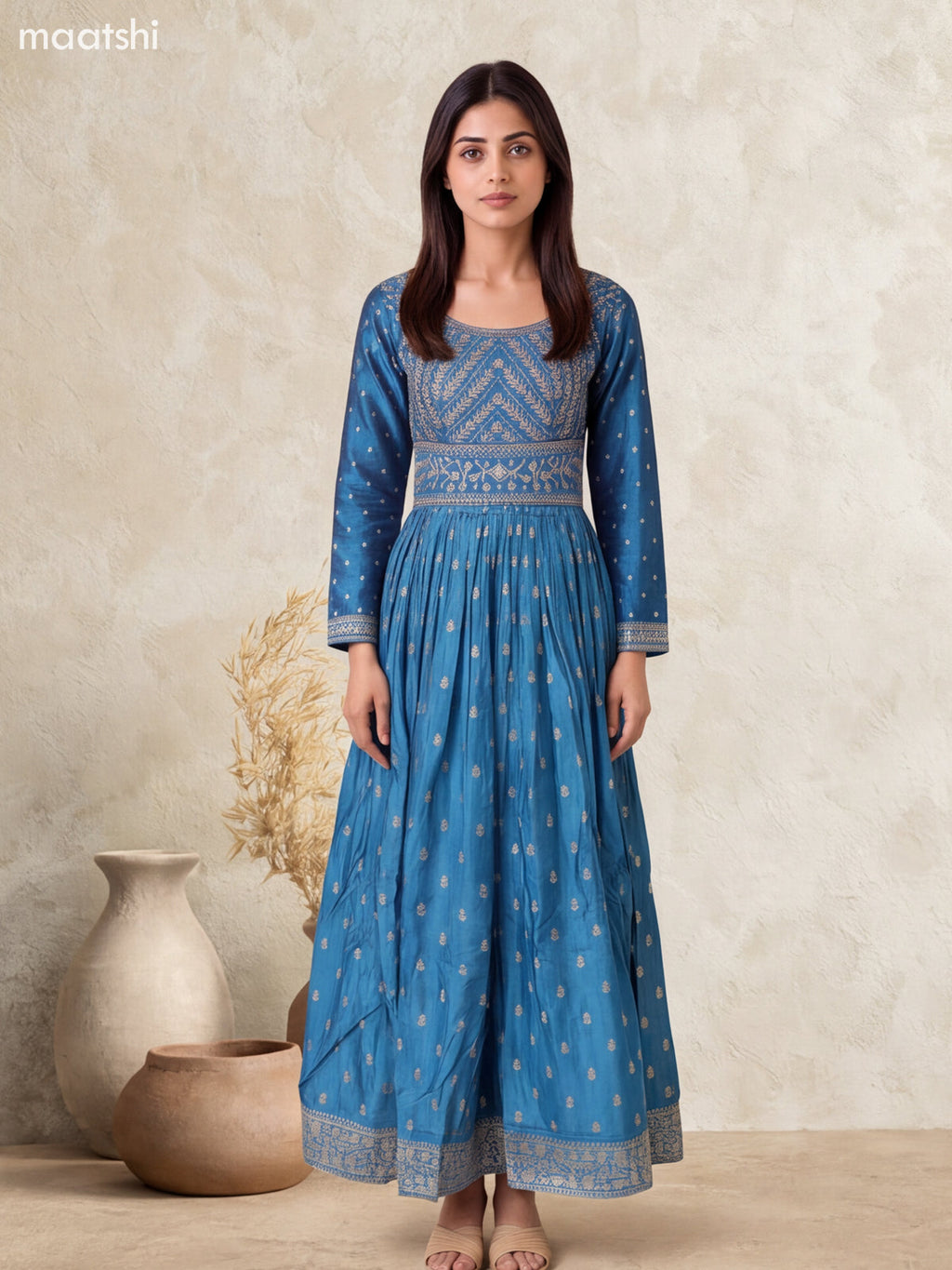 Peacock Blue Art Silk Embroidery Work Anarkali Gown Kurti Set