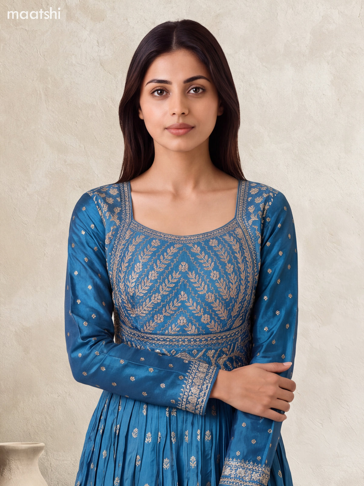 Peacock Blue Art Silk Embroidery Work Anarkali Gown Kurti Set