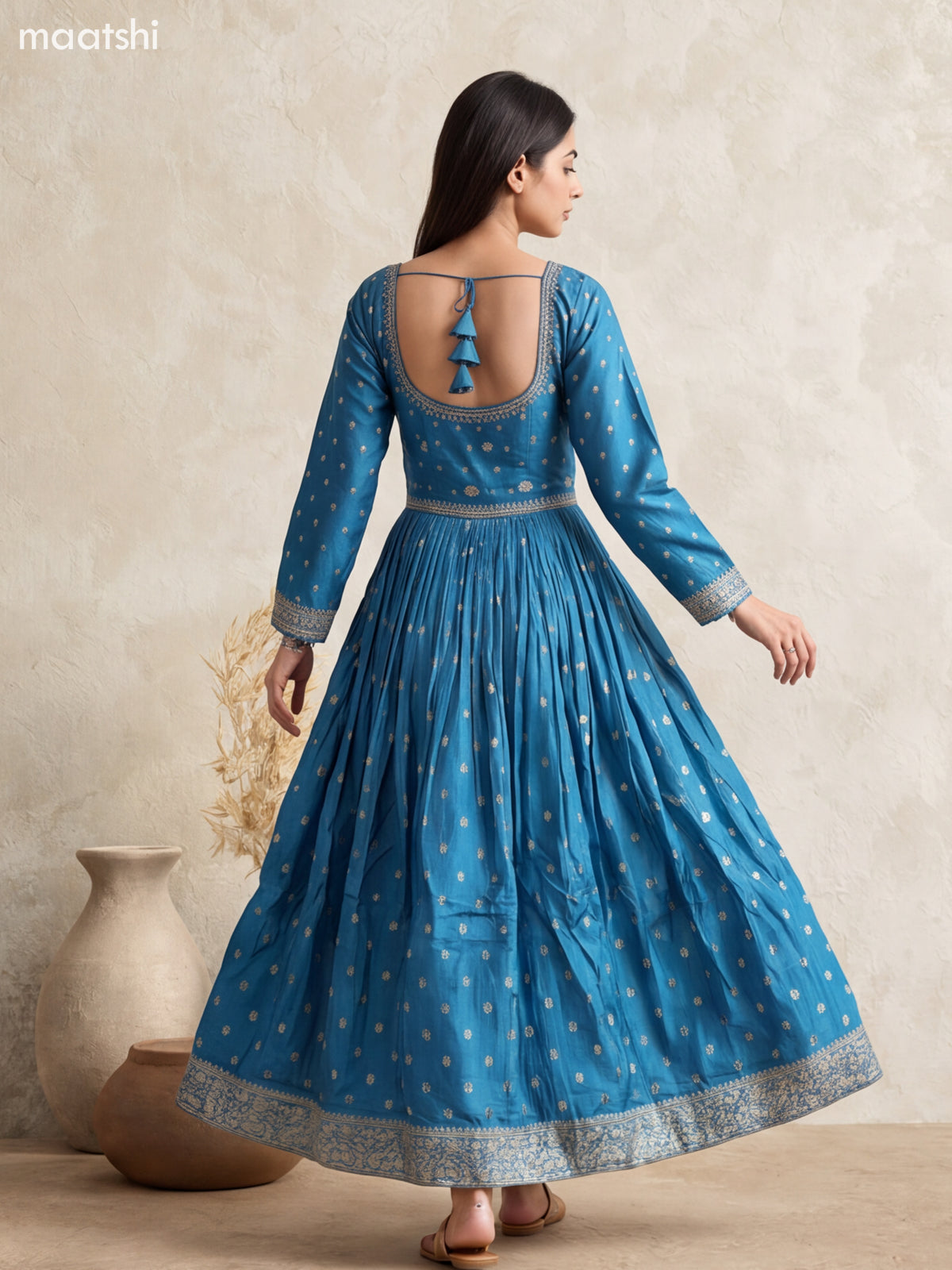Peacock Blue Art Silk Embroidery Work Anarkali Gown Kurti Set