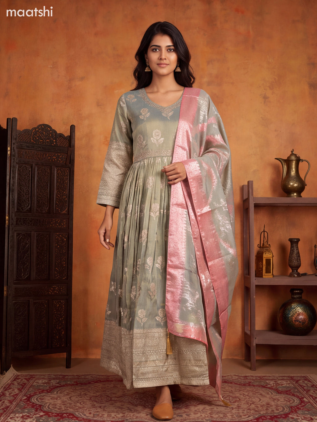 Sap Green Tissue Embroidery Work Anarkali Gown Kurti Set