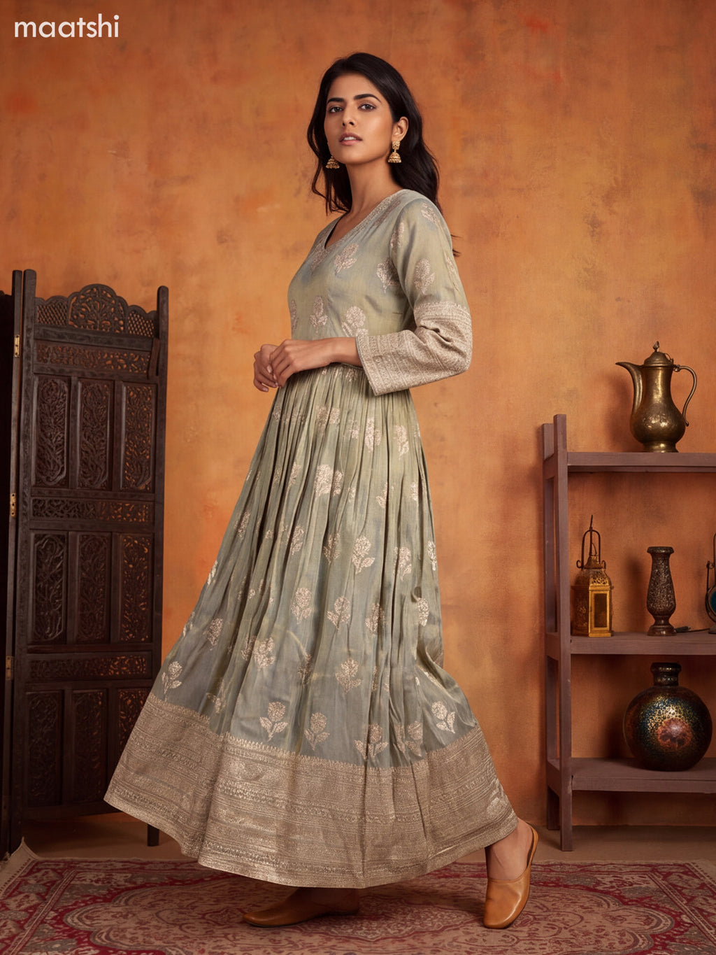 Sap Green Tissue Embroidery Work Anarkali Gown Kurti Set