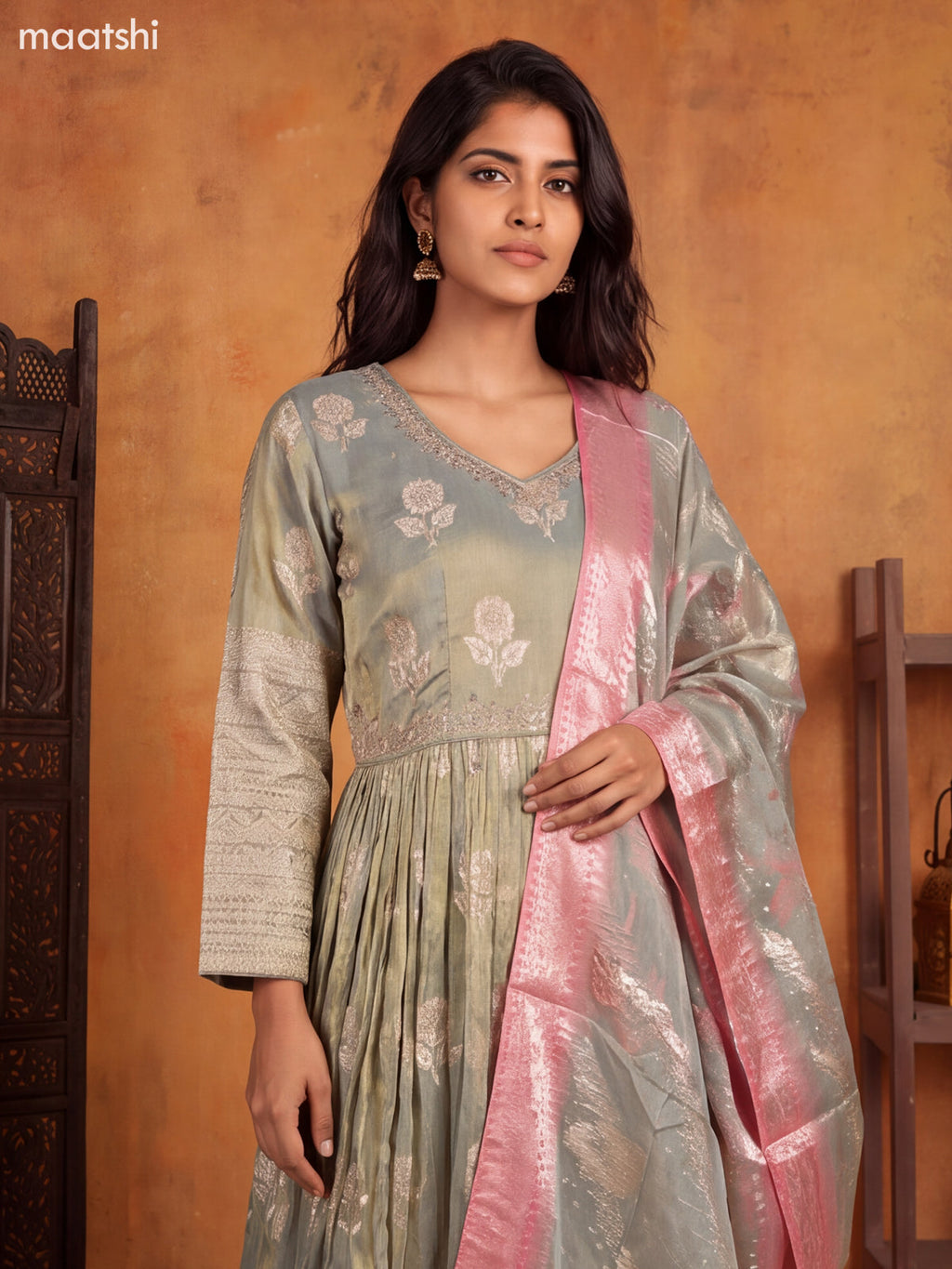 Sap Green Tissue Embroidery Work Anarkali Gown Kurti Set