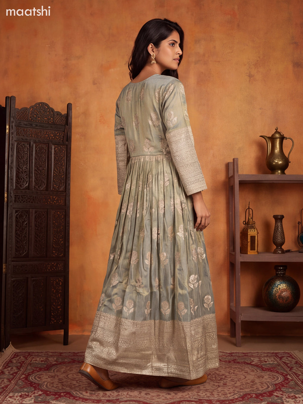 Sap Green Tissue Embroidery Work Anarkali Gown Kurti Set
