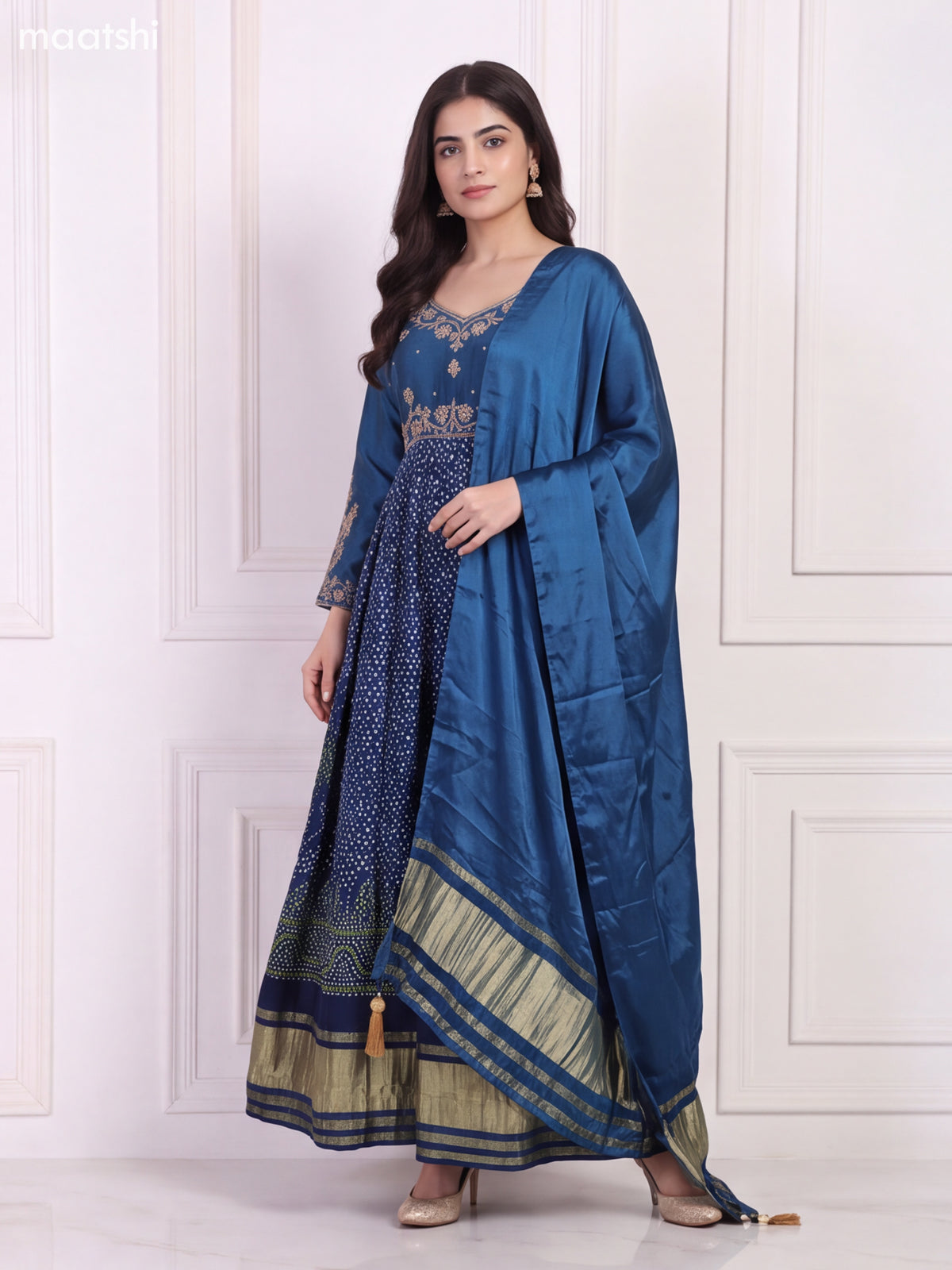 Blue Art Silk Bandhani Printed & Embroidery Work Anarkali Gown and Dupatta Set