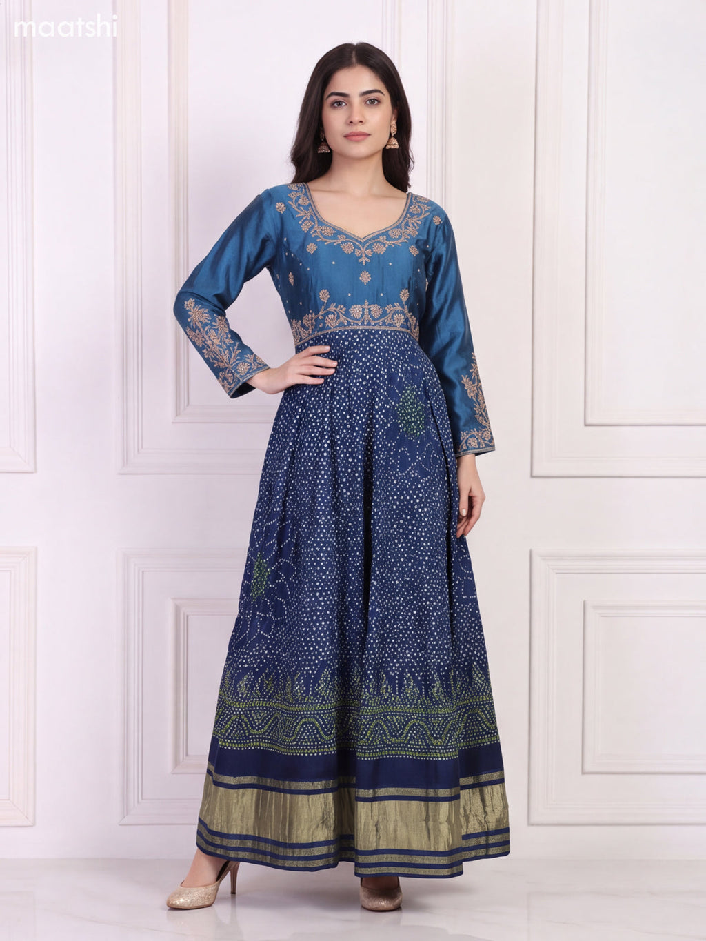 Blue Art Silk Bandhani Printed & Embroidery Work Anarkali Gown and Dupatta Set