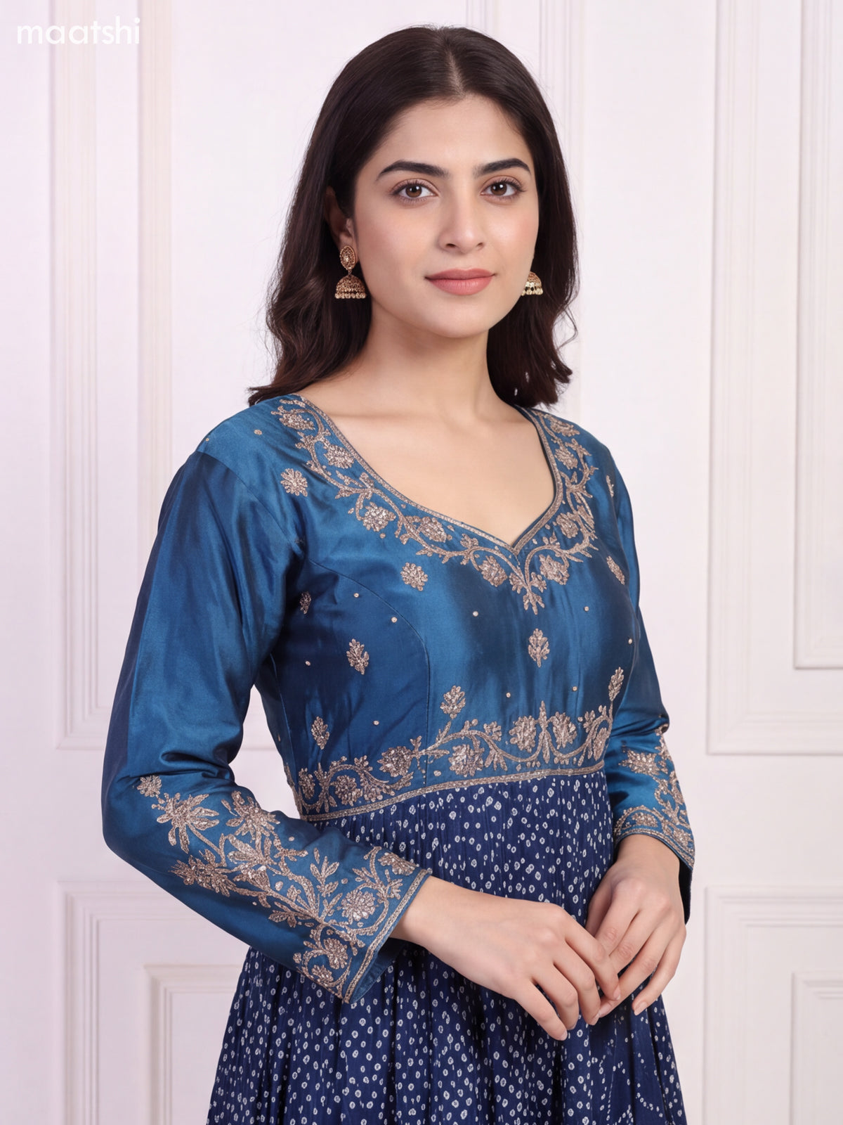Blue Art Silk Bandhani Printed & Embroidery Work Anarkali Gown and Dupatta Set