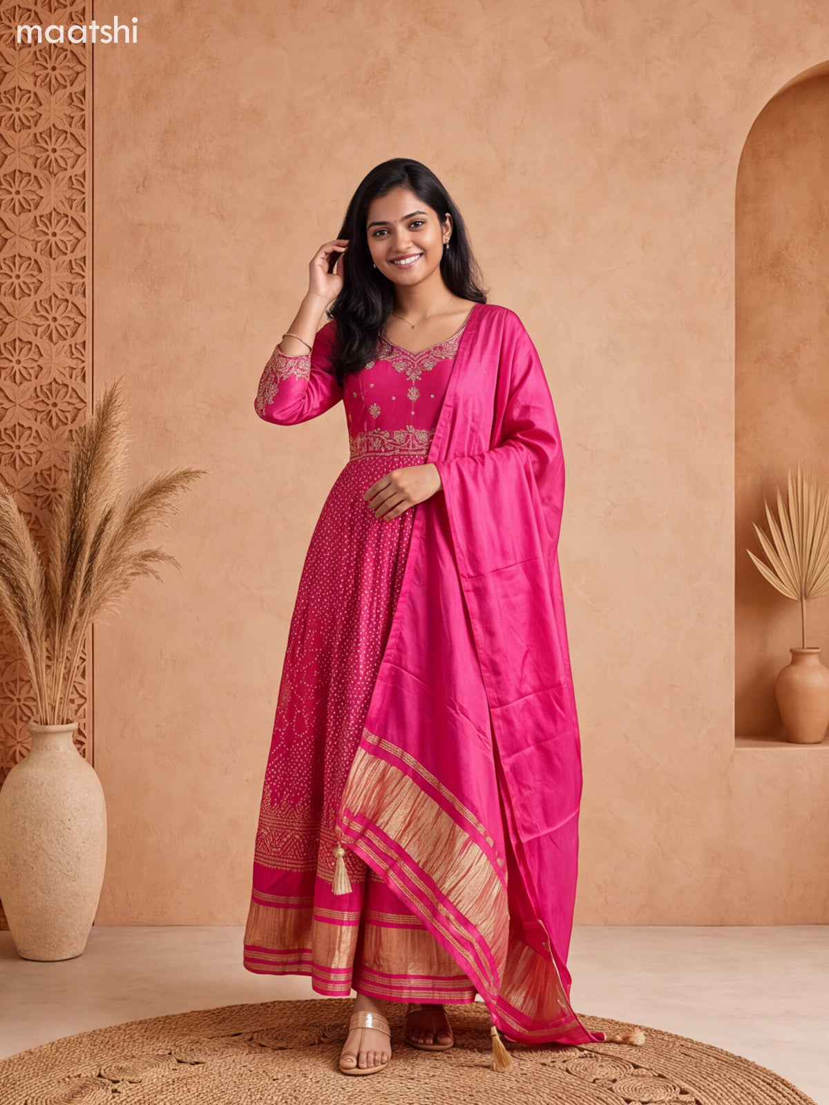 Pink Art Silk Bandhini Printed & Embroidery Work Anarkali Style Kurti and Dupatta Set