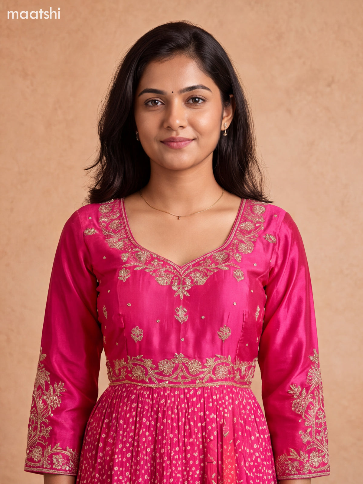 Pink Art Silk Bandhini Printed & Embroidery Work Anarkali Style Kurti and Dupatta Set