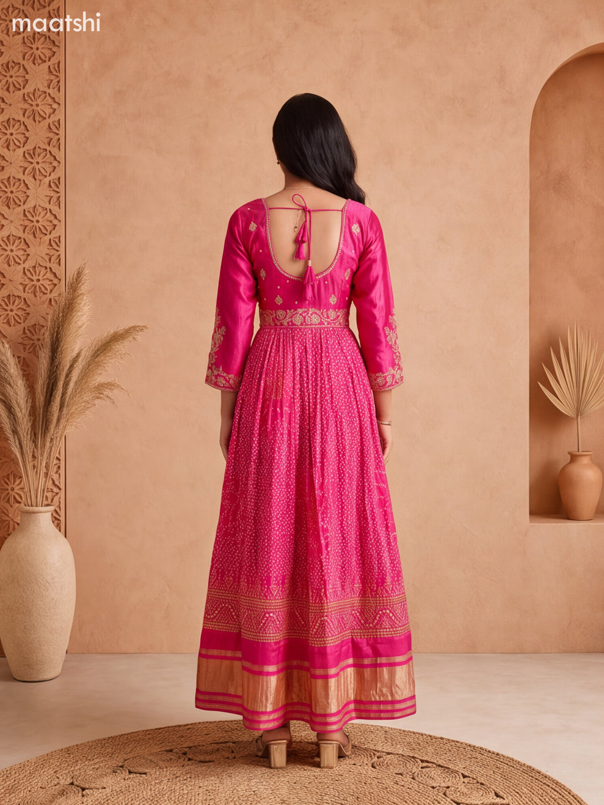 Pink Art Silk Bandhini Printed & Embroidery Work Anarkali Style Kurti and Dupatta Set
