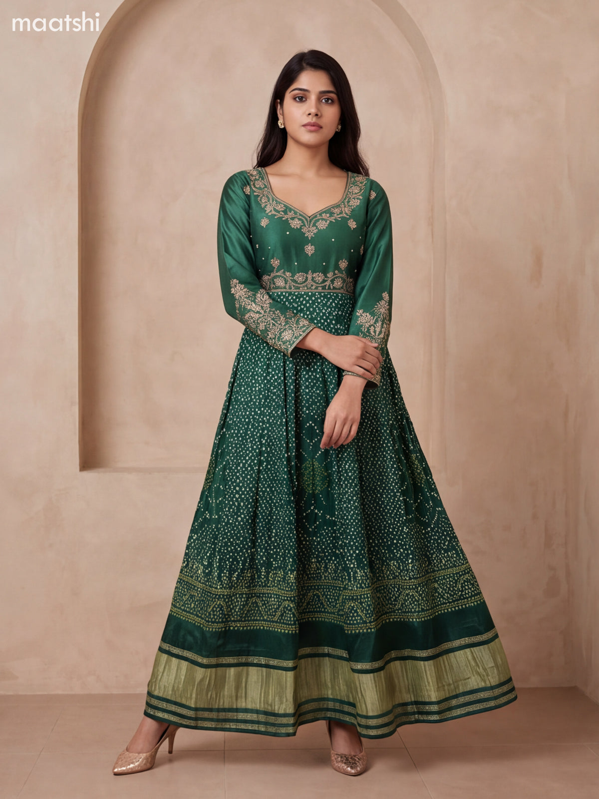 Green Art Silk Bandhani Printed & Embroidery Work Anarkali Gown and Dupatta Set