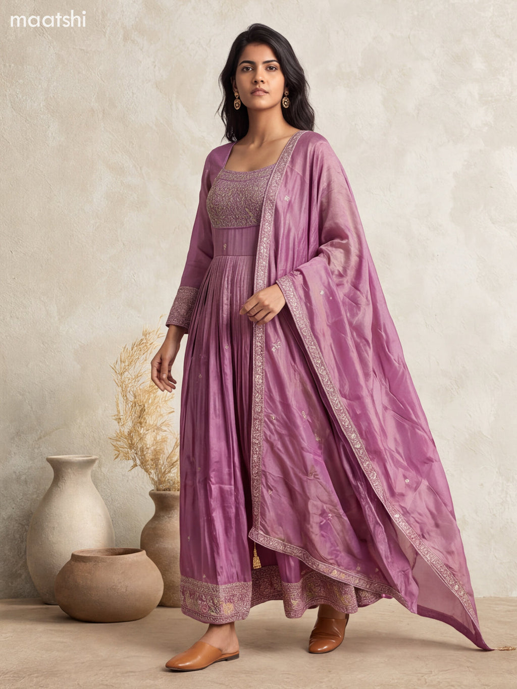 Purple Tissue Embroidery Work Anarkali Gown Kurti Set