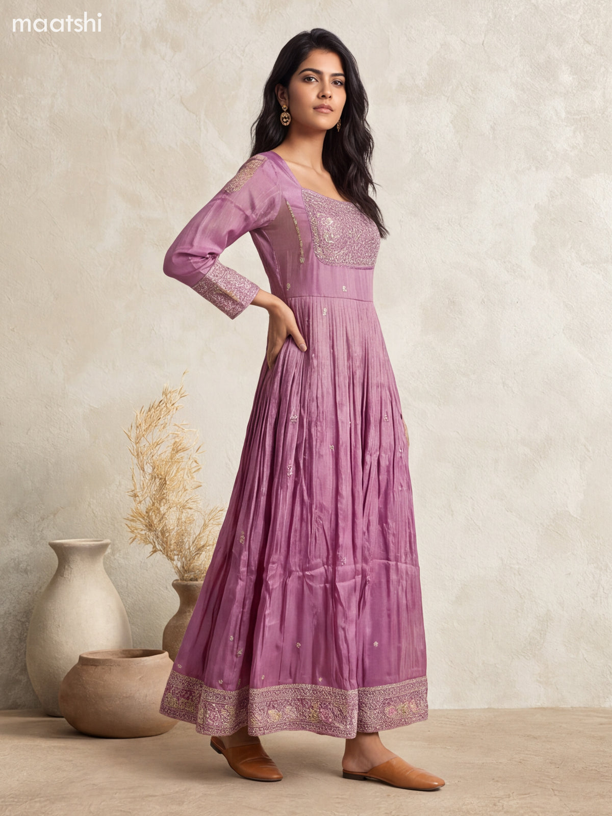 Purple Tissue Embroidery Work Anarkali Gown Kurti Set