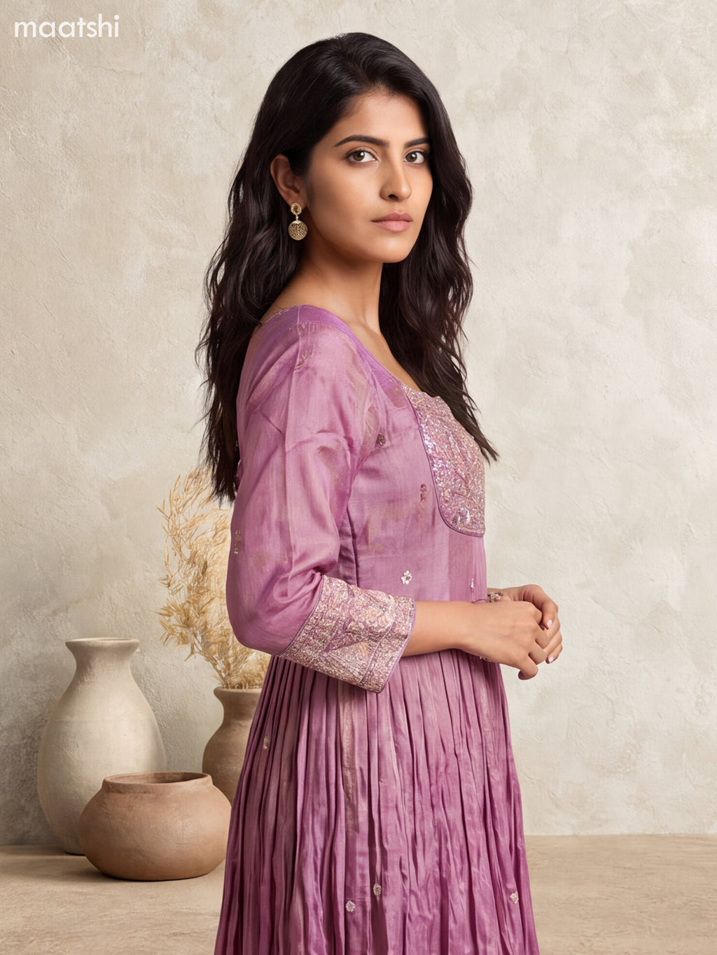 Purple Tissue Embroidery Work Anarkali Gown Kurti Set