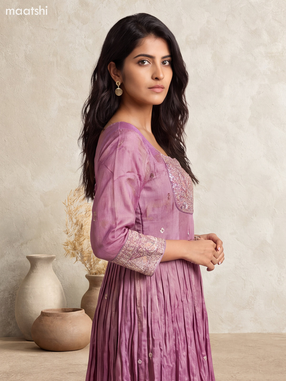 Purple Tissue Embroidery Work Anarkali Gown Kurti Set