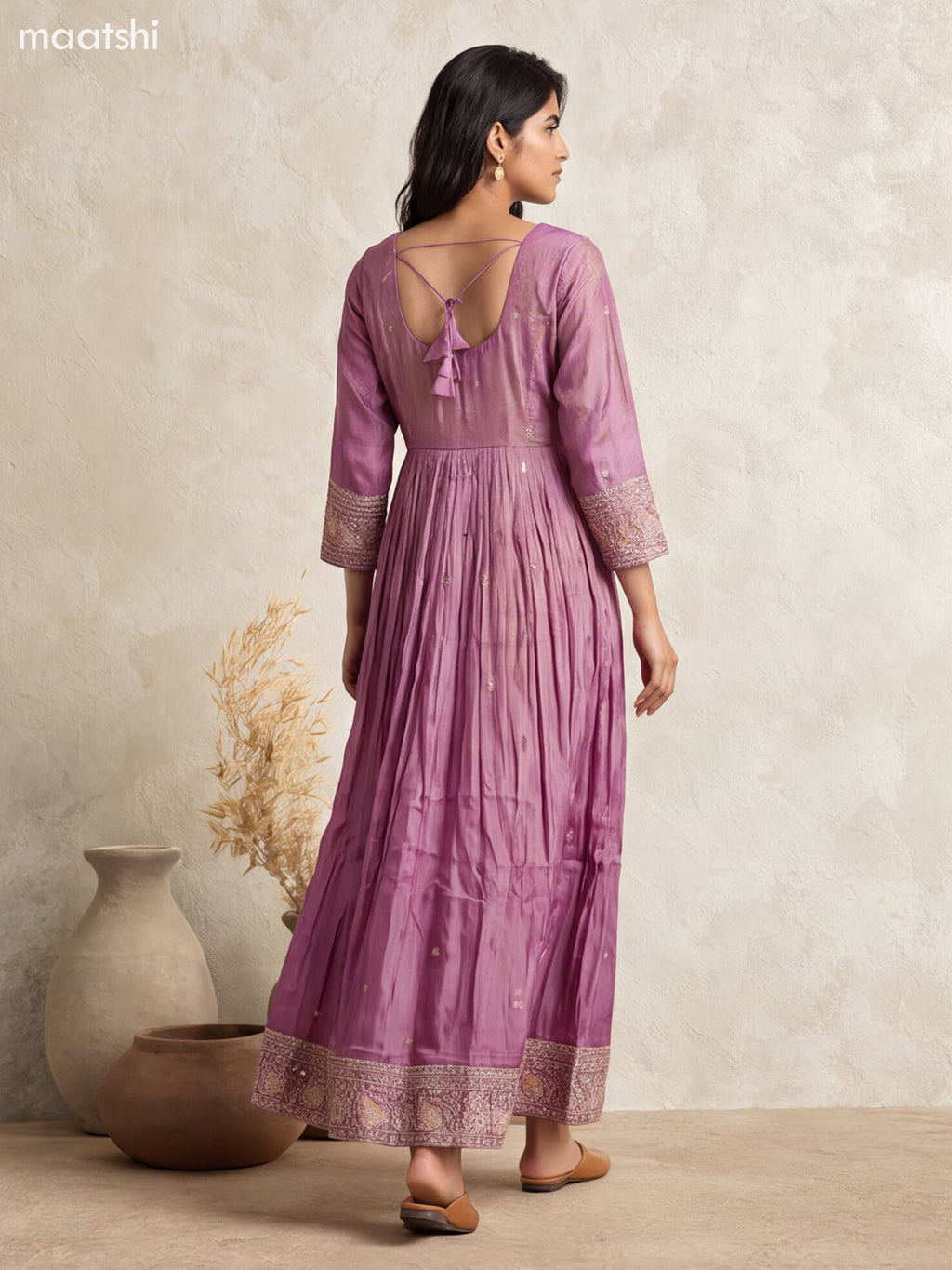 Purple Tissue Embroidery Work Anarkali Gown Kurti Set