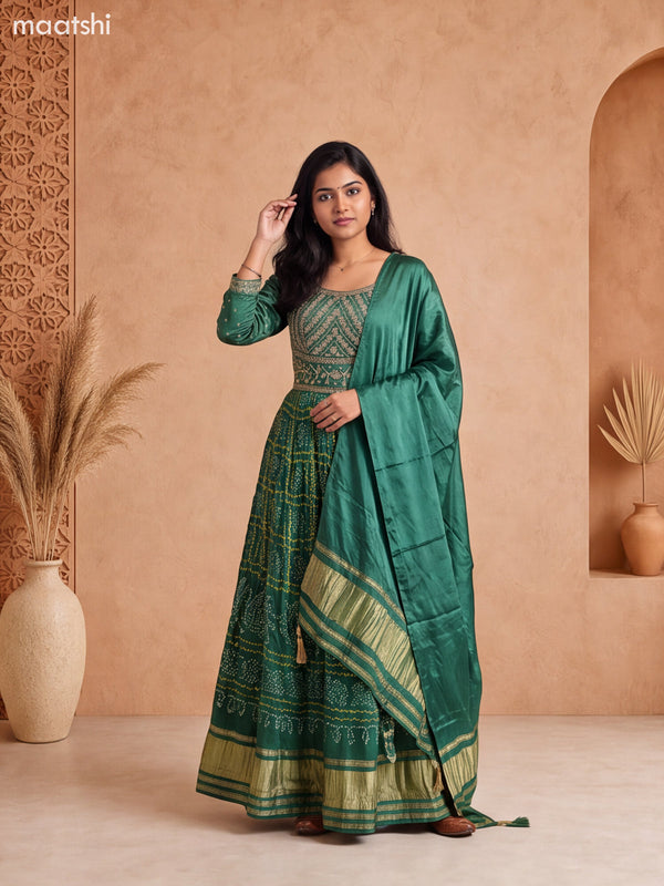 Green Art Silk Bandhini Printed & Embroidery Work Anarkali Style Kurti and Dupatta Set