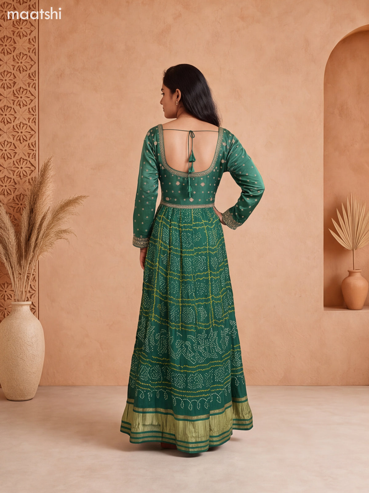 Green Art Silk Bandhini Printed & Embroidery Work Anarkali Style Kurti and Dupatta Set