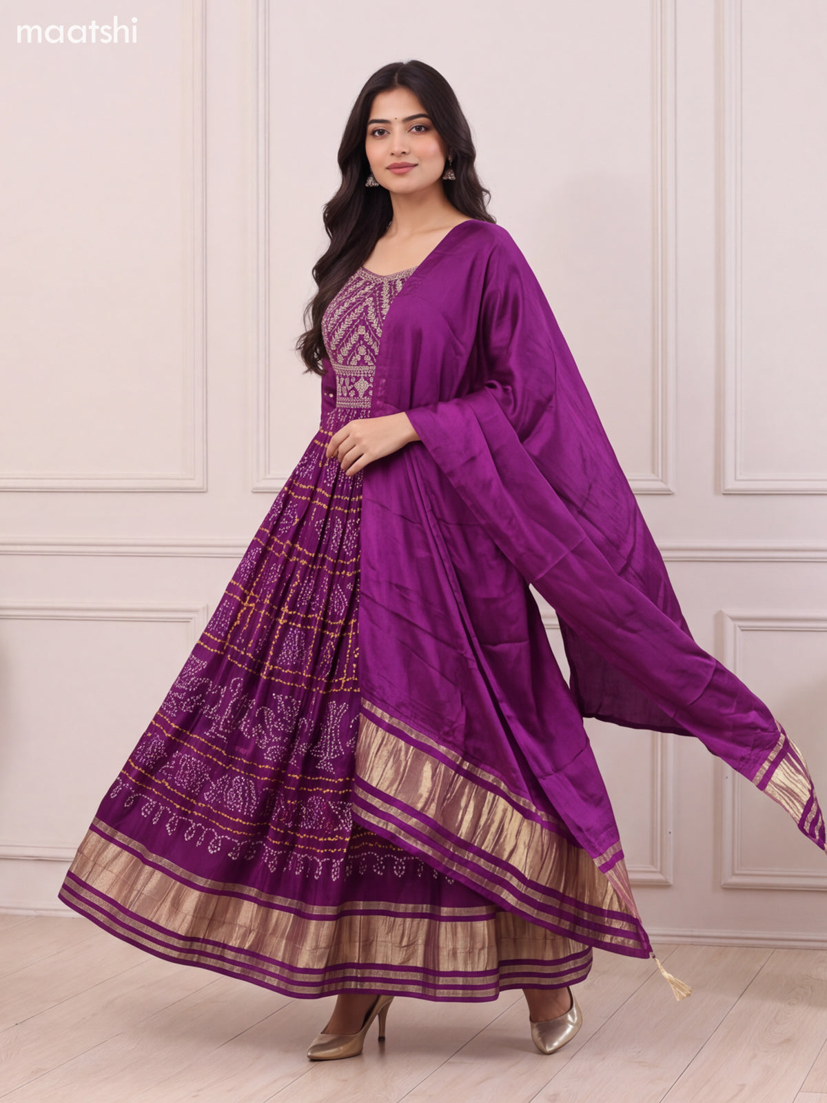 Purple Art Silk Bandhani Printed & Embroidery Work Anarkali Gown and Dupatta Set