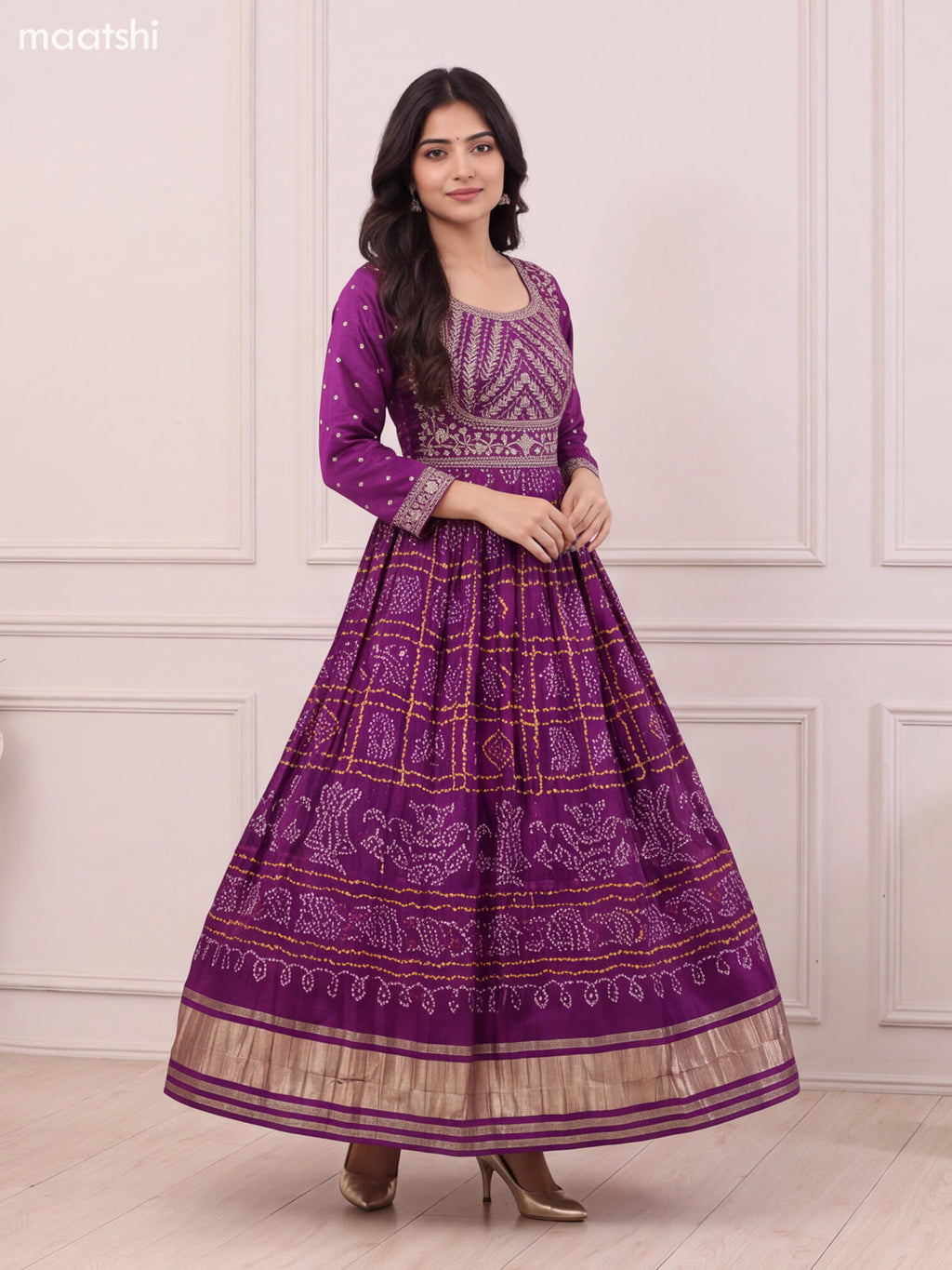 Purple Art Silk Bandhani Printed & Embroidery Work Anarkali Gown and Dupatta Set