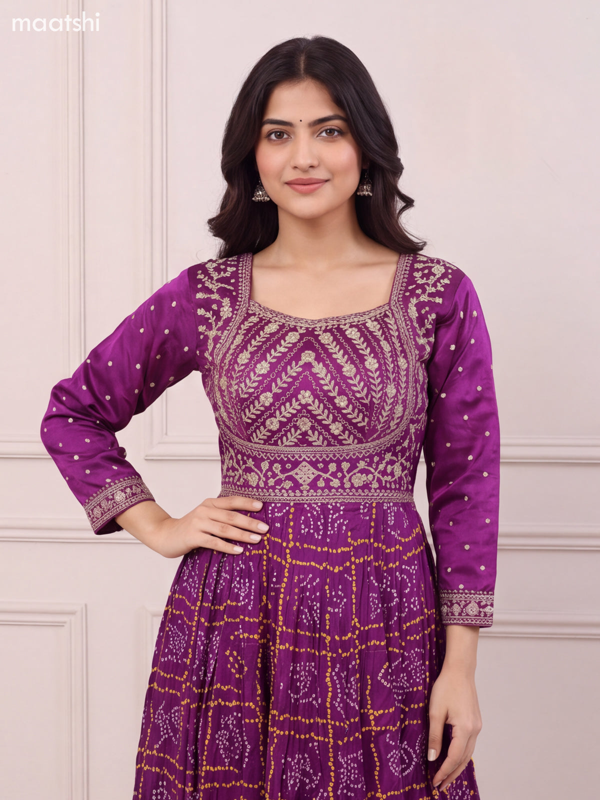 Purple Art Silk Bandhani Printed & Embroidery Work Anarkali Gown and Dupatta Set