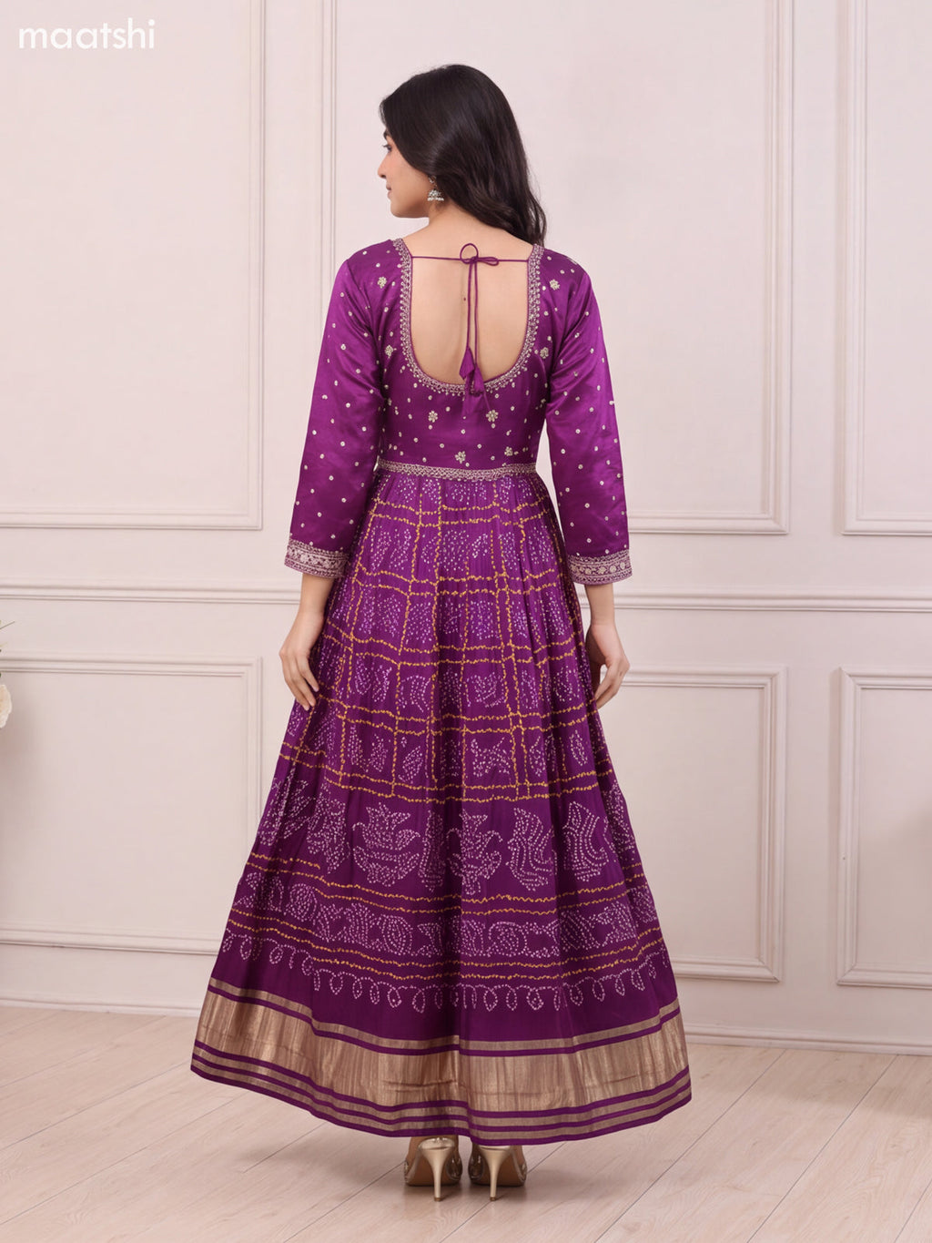 Purple Art Silk Bandhani Printed & Embroidery Work Anarkali Gown and Dupatta Set