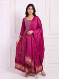 Magenta Pink Art Silk Bandhani Printed & Embroidery Work Anarkali Gown and Dupatta Set