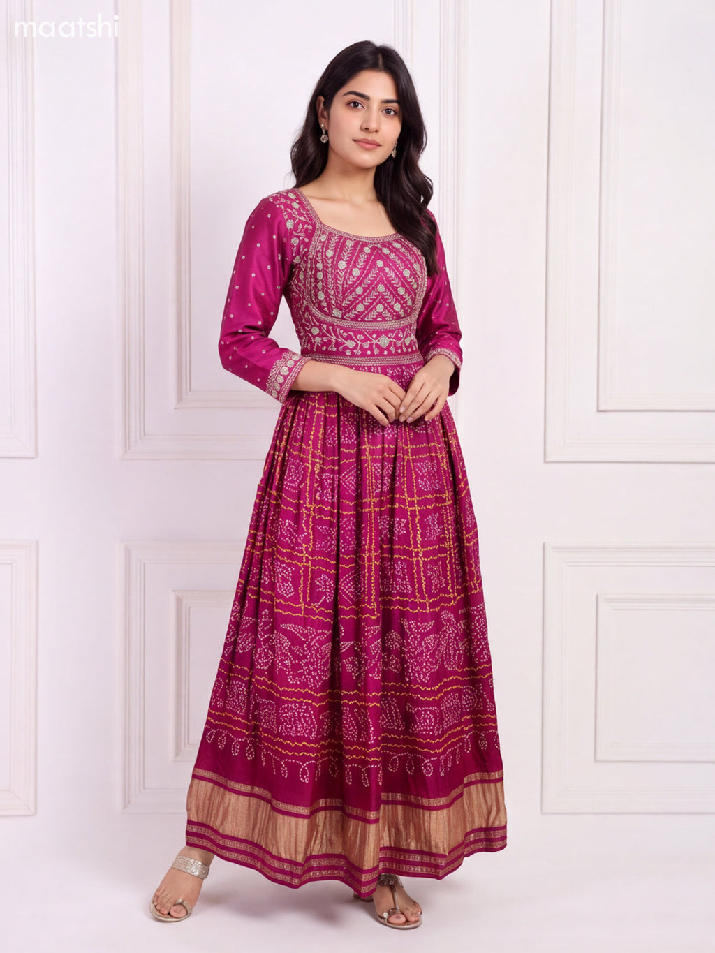 Magenta Pink Art Silk Bandhani Printed & Embroidery Work Anarkali Gown and Dupatta Set