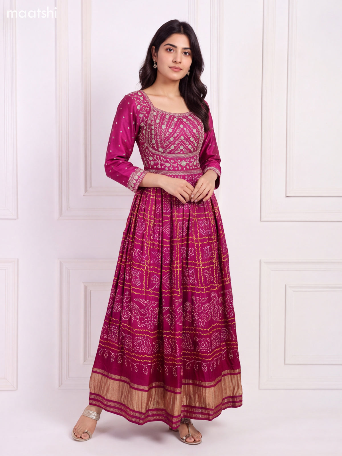Magenta Pink Art Silk Bandhani Printed & Embroidery Work Anarkali Gown and Dupatta Set