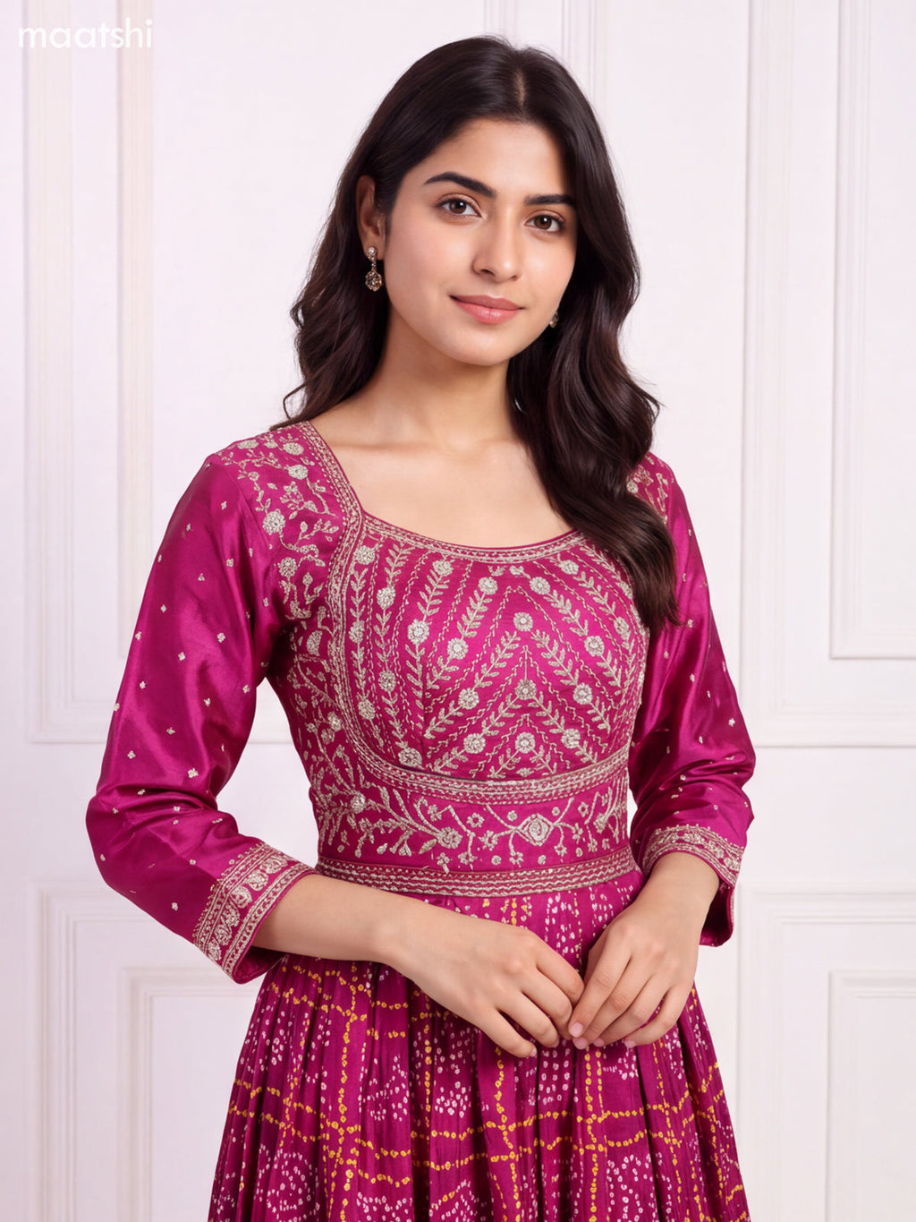 Magenta Pink Art Silk Bandhani Printed & Embroidery Work Anarkali Gown and Dupatta Set