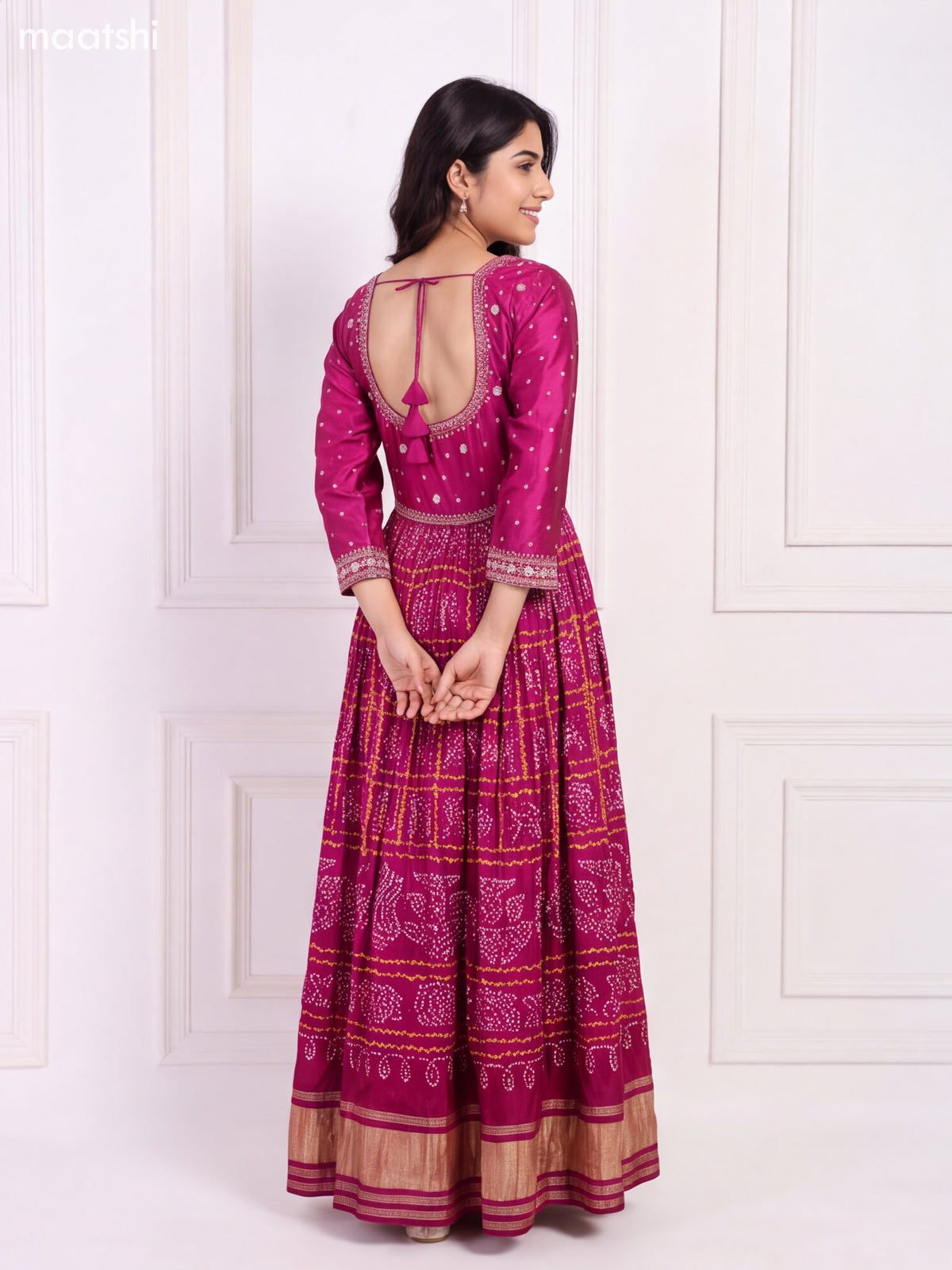 Magenta Pink Art Silk Bandhani Printed & Embroidery Work Anarkali Gown and Dupatta Set