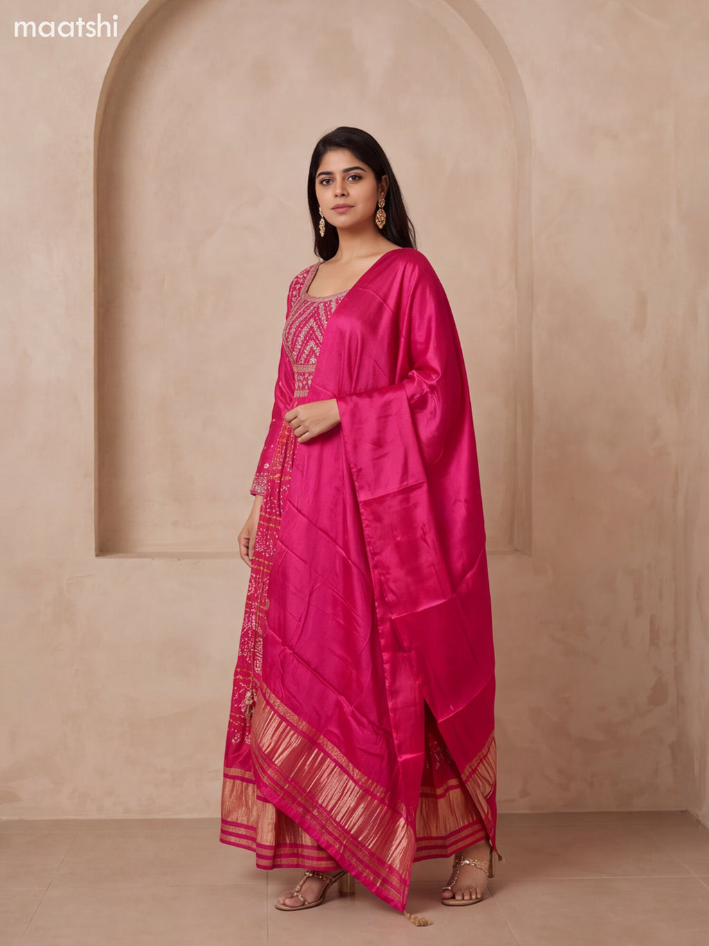 Pink Art Silk Bandhani Printed & Embroidery Work Anarkali Gown and Dupatta Set