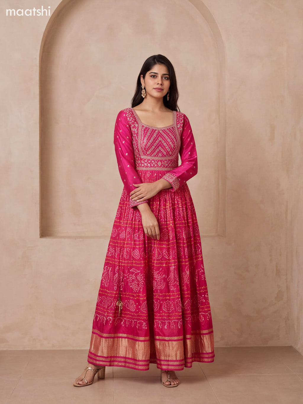 Pink Art Silk Bandhani Printed & Embroidery Work Anarkali Gown and Dupatta Set